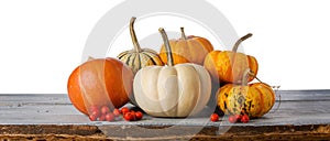 Ripe orange pumpkin on wooden table isolated on white background, thanksgiving holiday or autumn harvest seasonal concept