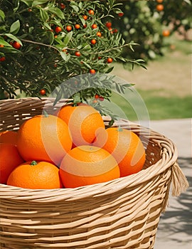 Ripe oranges in a basket on a background of orange trees. ai generated