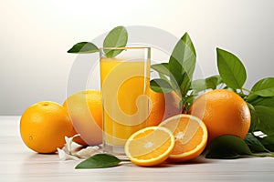 Ripe oranges and a glass of fresh squeezed orange juice