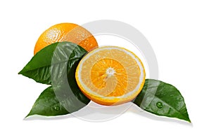 Ripe oranges with green leaf.