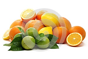 Ripe oranges , green lime and yellow lemon.