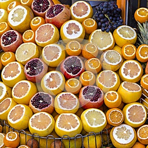 Ripe oranges and grenades for receiving freshly squeezed juice for sale in the street of Istanbul. Turkey