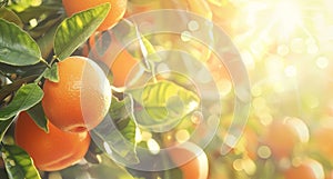 Ripe oranges growing on tree with sunlight