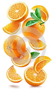 Ripe oranges with halves and slices with orange tree leaves randomly fall or levitate on a white background