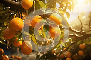 Ripe oranges hanging from a small orange tree. Tangerines on a tree in a garden. Generative AI