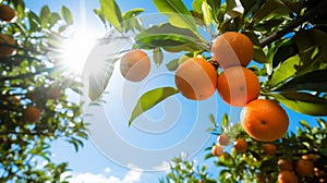 Ripe Oranges on Lush Tree Under Blue Sky Ai generated