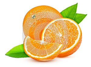 Ripe oranges with a slice isolated on a white background