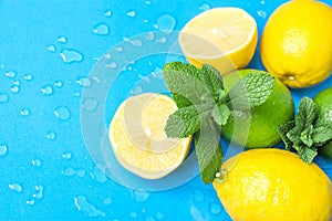 Ripe Organic Citrus Fruits Lemon Limes Whole and Halved with Fresh Mint on Light Blue Background with Water Drops. Morning Sunligh