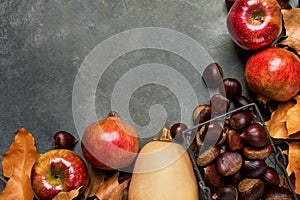 Ripe Organic Red Glossy Apples Pomegranates Chestnuts in Wicker Basket Dry Autumn Leaves Scattered on Dark Stone Background.