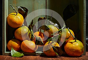 Ripe organic tangerines with leaves in wooden box in bright sunlight with copy space. Natural tropical fruit concept image