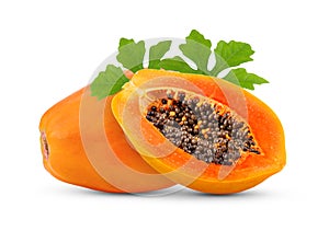 Ripe papaya fruit leaf with seeds isolated on white background