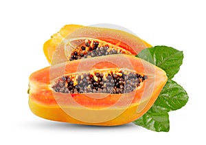 Ripe papaya fruit with seeds and leaf  isolated on white background