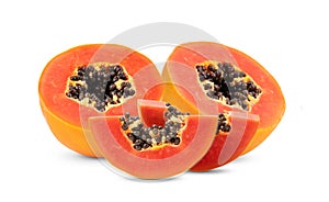 Ripe papaya fruit with seeds on white background