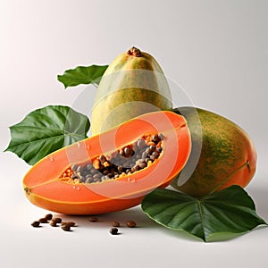 Ripe papaya with green leaves isolated on white background. AI generated