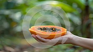 Ripe papaya held with blur background, perfect for text placement to emphasize freshness