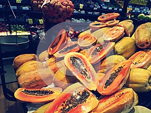 Ripe Papayas fruits for sell in supermarket in Mexico