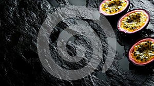Ripe Passion Fruits on Dark Stone Background