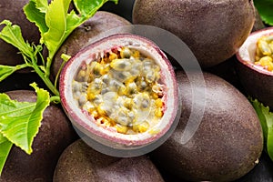 Ripe passion fruits with passion fruit seeds