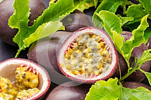 Ripe passion fruits with passion fruit seeds