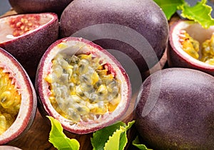 Ripe passion fruits with passion fruit seeds