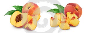 Ripe peach fruit half with slices isolated on white background with full depth of field. Set or collection