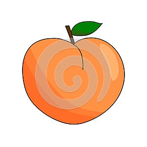 Ripe peach fruit with leaf, cartoon icon isolated on white, summer fruit vector