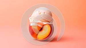 Ripe peach fruit with a scoop of melting ice cream on top on soft peach color background. Modern trendy tone hue shade