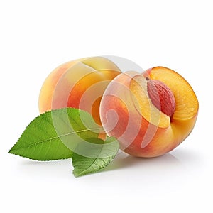 Ripe peach with green leaves isolated on white background. AI generated