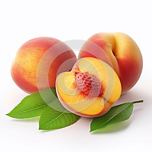 Ripe peach with green leaves isolated on white background. AI generated