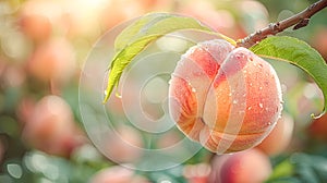 Ripe peach hangs on a branch in an orchard