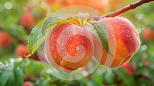 Ripe peach hangs on a branch in an orchard