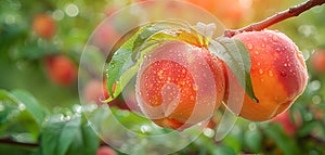 Ripe peach hangs on a branch in an orchard