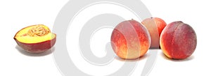 Ripe peach on white background close-up. Food, fruit, vitamins, wallpaper, background