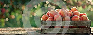 ripe peaches arranged in a wooden crate on a garden table, embodying the essence of summer's fruitfulness in a