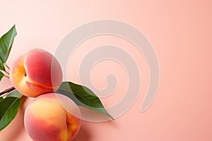 Ripe peaches with leaves on a light pink background.