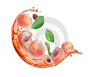 Ripe peaches with leaves in splashes of juice isolated on white background