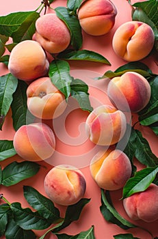 Ripe peaches on orange background with lush leaves