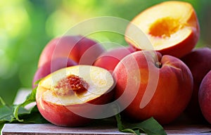 Ripe peaches and slices on table