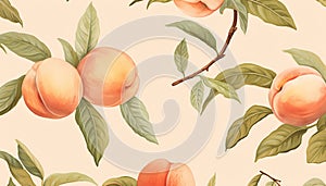 ripe peaches and their leaves in watercolor