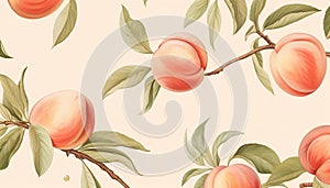 ripe peaches and their leaves in watercolor