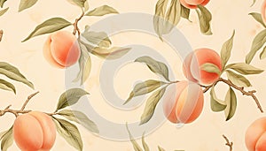 ripe peaches and their leaves in watercolor