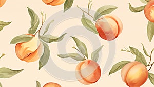 ripe peaches and their leaves in watercolor