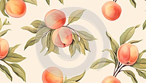 ripe peaches and their leaves in watercolor