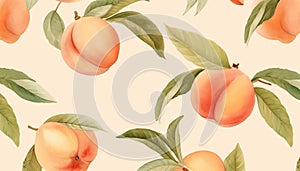 ripe peaches and their leaves in watercolor