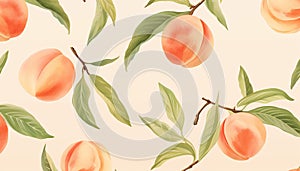 ripe peaches and their leaves in watercolor