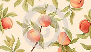 ripe peaches and their leaves in watercolor