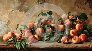 ripe peaches and vibrant leaves arranged on a table, with ample space for text in the foreground, inviting viewers