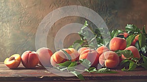 ripe peaches and vibrant leaves arranged on a table, with ample space for text in the foreground, inviting viewers