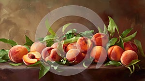 ripe peaches and vibrant leaves arranged on a table, with ample space for text in the foreground, inviting viewers