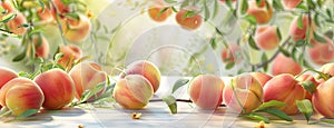 ripe peaches and vibrant leaves arranged on a table, with ample space for text in the foreground, inviting viewers